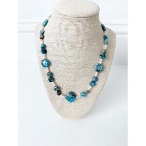 NWT Genuine Crazy Lace Agate & Pearl Beaded Necklace Blue White
